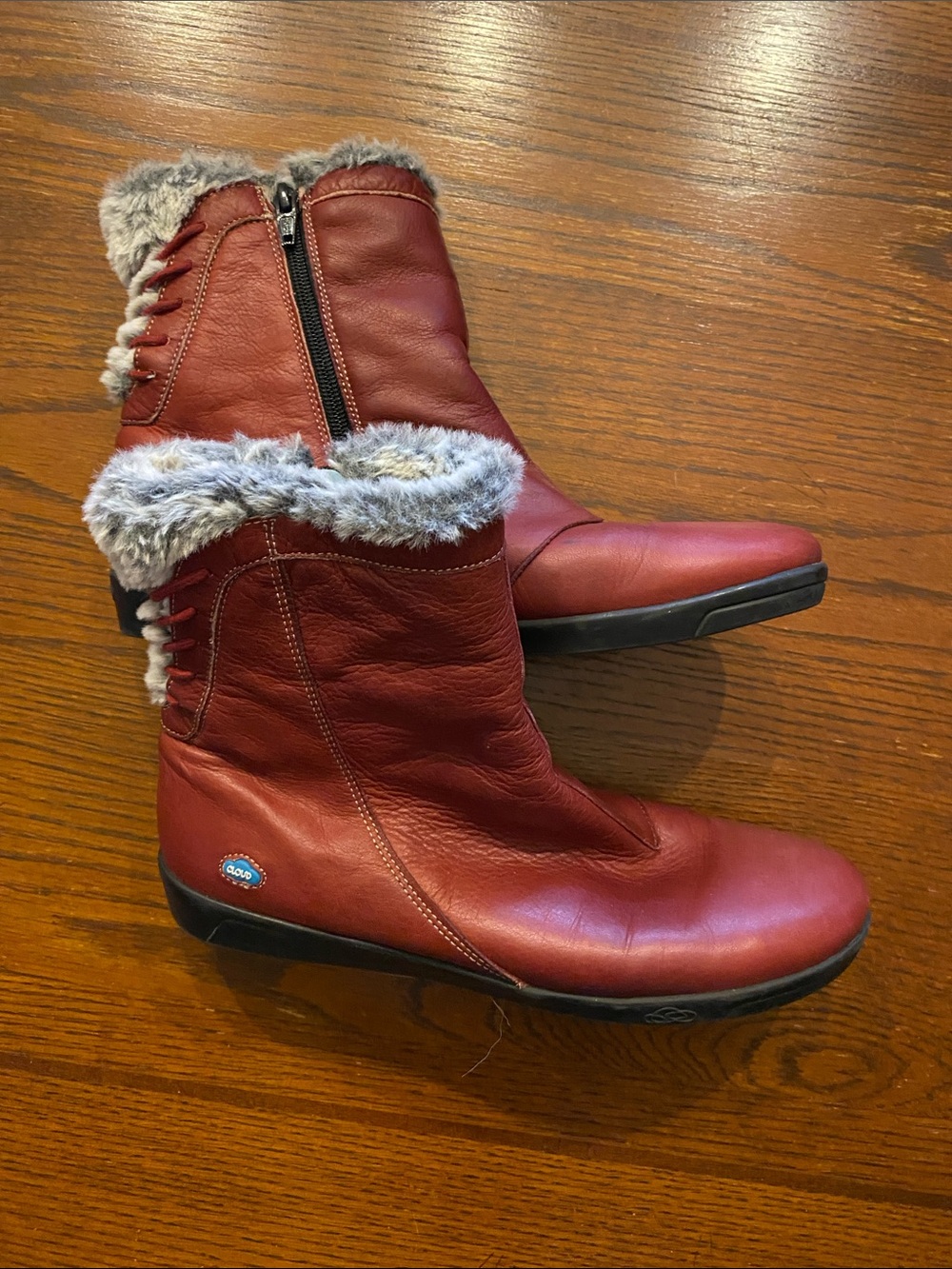 Women’s Faux-Fur Trim Red Leather Ankle Winter Boots